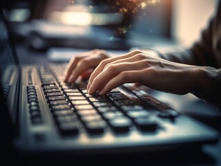 Hands typing on a laptop keyboard with a blurred office background