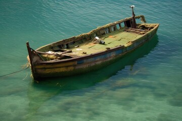 Obraz premium A ship wrecked by a storm at sea is on the seashore, generative AI.