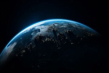 The blue planet in the vast darkness of space. Generative AI