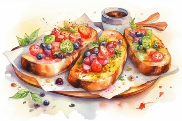 Delicious vegetarian bruschetta with tomatoes, cottage cheese, and capers depicted in a watercolor illustration set against a white background. Generative AI
