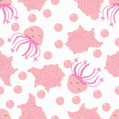 Children's seamless pattern with jellyfish, corals and pink shells. Vector pattern with marine life in a flat style.