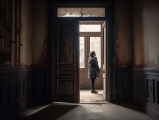 A photo of a person standing in a doorway, with the door acting as a frame for the subject.
