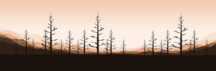 pine tree forest in mountain landscape view scenery silhouette vector illustration good for wallpaper, background, backdrop, banner, and design template