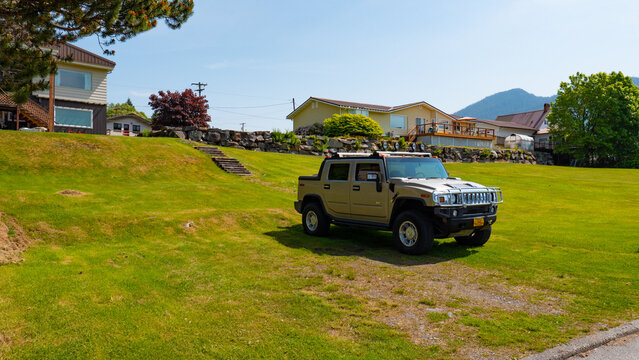 Wrangell, Alaska USA - May 26, 2019: Hummer H2 car with copy space, side view