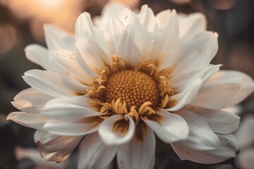 A big white floral with golden specks on petals and multiple layers, hazy backdrop. Generative AI