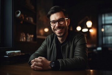 smiling man keeping his hands on the desk Generative AI - obrazy, fototapety, plakaty