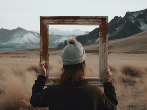 A photo of a person holding up a photo frame, with a separate image framed within it