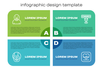 Set line International day of peace, Censor and freedom speech, Heart rate and Censored stamp. Business infographic template. Vector