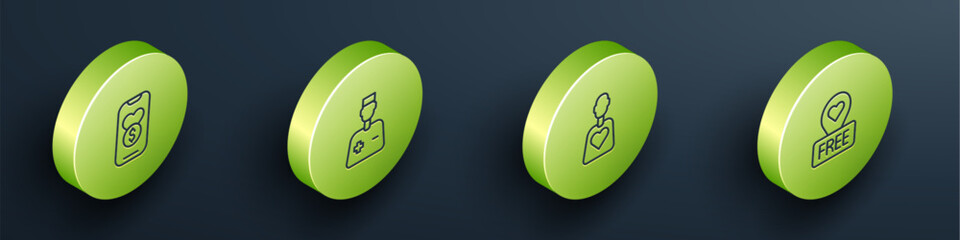 Set Isometric line Donation and charity, Male doctor, Volunteer and Location with heart icon. Vector
