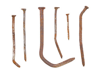 Old deformed and oxidized rusty nails close-up, isolated on transparent background