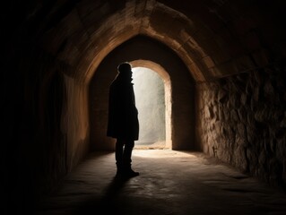 A person standing inside a tunnel or archway, with the opening acting as a frame for the subject