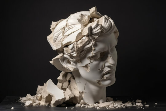 Broken ancient greek statue, destroyed marble bust, cracking sculpture, roman bust, hellenic bust, concept of depression, memory loss, mental illness, dementia, alzheimer's disease. Generative AI