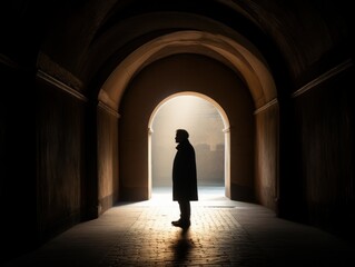 A person standing inside a tunnel or archway, with the opening acting as a frame for the subject