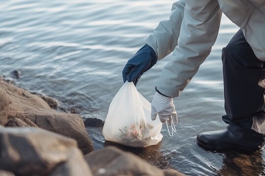 A man wearing gloves on the seashore collects garbage from the water into a bag, generative AI.