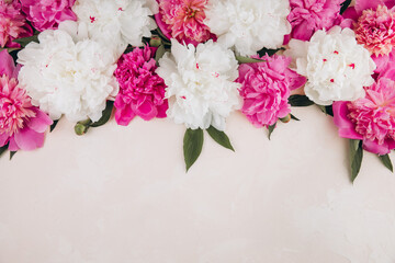 Flowers composition. Border made of pink and white peony flowers on pastel background. Flat lay. Top view with copy space
