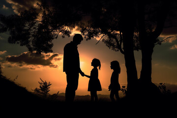 Fototapeta na wymiar silhouette of family walking on the beach, ai generative