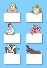 farm animal characters with cards or banners design set