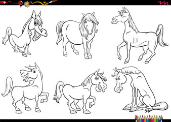 cartoon horses farm animal characters set coloring page