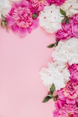 Flowers composition. Border made of pink and white peony flowers on pastel background. Flat lay. Top view with copy space