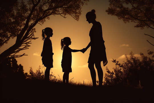 silhouette of parent and child at sunset, ai generative