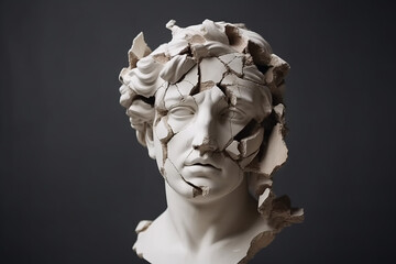 Broken ancient greek statue, destroyed marble bust, cracking sculpture, roman bust, hellenic bust, concept of depression, memory loss, mental illness, dementia, alzheimer's disease. Generative AI