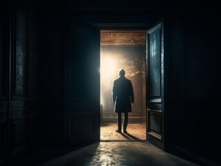 A person standing inside an open door frame, with the outside scenery visible through the doorway