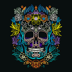 A neon colorful skull with flowers and leaves
