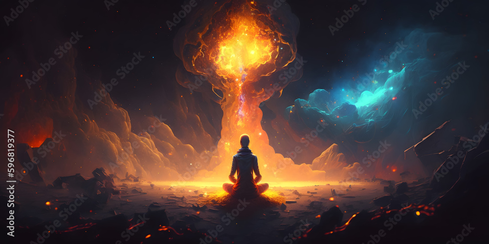 Wall mural astral yoga silhouette of human in cosmic space meditate. practicing transcendental spiritual medita