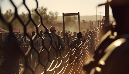 Refugee immigrants queue along high border of country. Generation AI