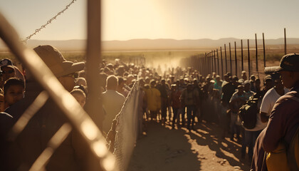 Refugee immigrants queue along high border of country. Generation AI - obrazy, fototapety, plakaty