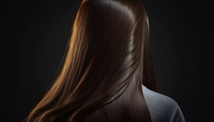 Fototapeta premium Back view healthy Long hair of beautiful brunette woman. Generation AI