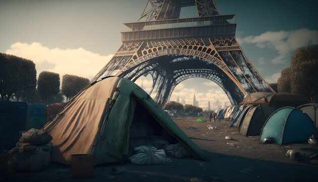 Refugee tent camp around Eiffel Tower in Paris city France, sun light. Concept of illegal immigrant of people to Europe. Generation AI