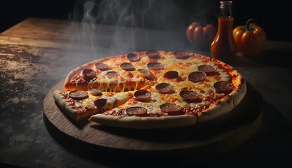 Foto op Plexiglas Steaming Hot Pepperoni Pizza American Style with Cinematic Lighting  © Brett