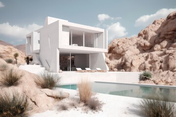 Architectural Marvel: Incredibly Detailed House in the White Desert with Clean Lines, a Striking Mix of Copper and Stone, and a Beautiful Limestone Pool. Generative AI
