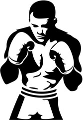 Vector silhouette illustration of a boxer in black and white, logo of a boxing fighter 