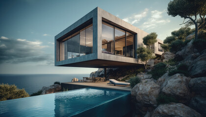 Modern stone house design, building concept on coastline