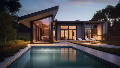 Fototapeta premium Beautiful villa with swimming pool at sunset