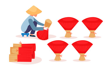Vietnamese person drying outdoor Incense sticks wearing conical hat in Vietnam cartoon vector illustration on white background