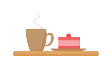 Cup with hot drink and cake on a tray. Cup with coffee and cake. Vector illustration with a coffee cup and a piece of cherry cake on a wooden tray