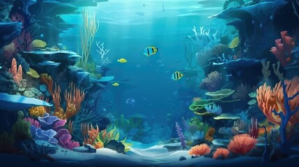 Naklejka na ściany i meble Underwater life of coral reefs, corals and fishes under water, marine life, generative AI.