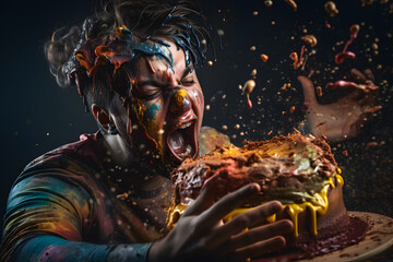 Fototapeta na wymiar Crazy birthday man boy smeared with cream and birthday cake. Funny screams and scatters pieces of sweets around with splashes. Generative AI.