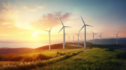 landscape with renewable and sustainable energy with wind turbines on mountain. generative ai