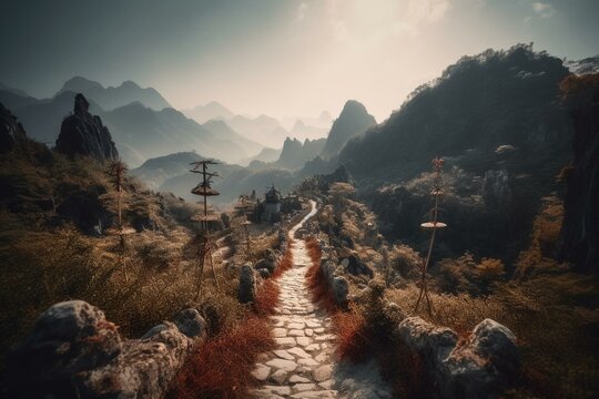 Journey towards business objectives on surreal path through mountains. Generative AI