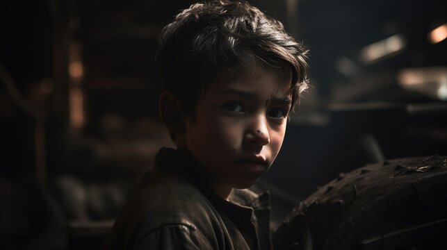 A Child Laborer In A Factory, Surrounded By Machinery And Working Tirelessly. Child Labor And Exploitation. Generative AI