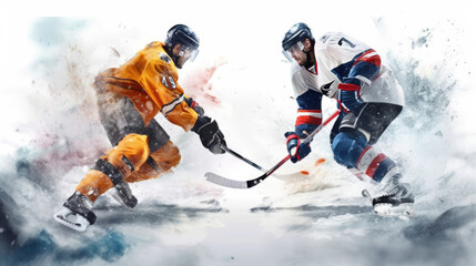 Illustration of a professional ice hockey players in action on white background, Generative AI
