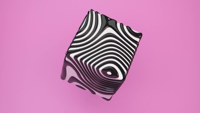 3D Rotating cube with liquid rippled pattern on pink background. Flowing black waves on white surface - abstract visualization of sound waves and information technology. Seamless loop animation.