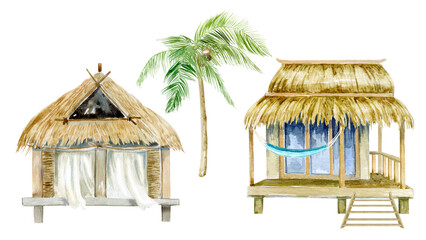 Fototapeta na wymiar Watercolor Summer beach huts, seagulls and design elements, palm beach resort, summer home on a beach, wooden beach house with veranda and palm trees, Tropical landscape, Summer tropical beach