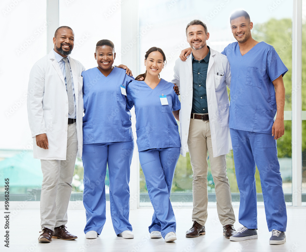 Poster together they save lives. shot of a cheerful group of doctors standing with their arms around each o