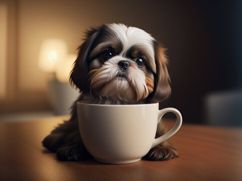 Adorable Shih Tzu Puppy Cozily Resting Next to Hot Coffee in the morning. Generative AI