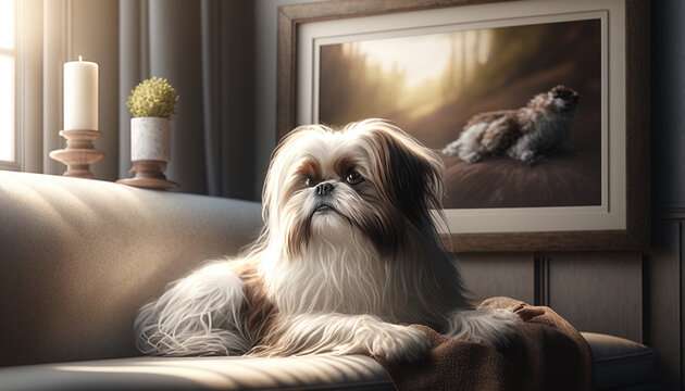 Adorable Shih Tzu Dog Relaxing in Luxurious Modern Apartment. Generative AI